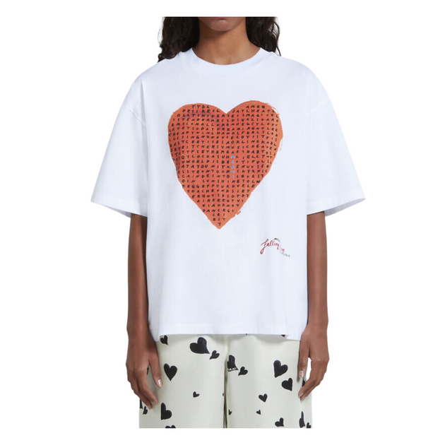 White sweatshirt with wordsearch heart print