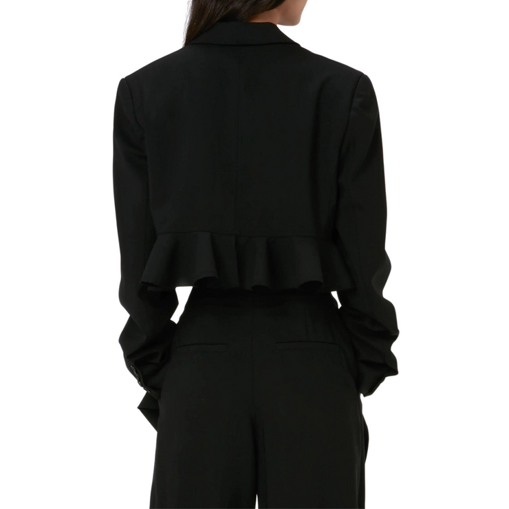 Image: A back view of a model wearing a cropped black blazer, shown from the shoulders to the mid-thigh. 