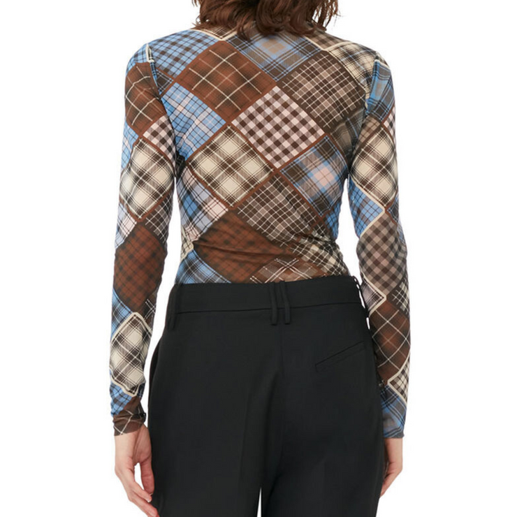 back view of Graphic print mesh turtleneck modeled against white background