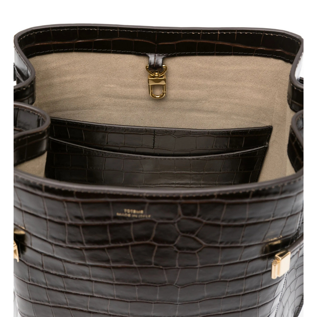 Croco Embossed Belted Bucket Bag