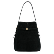 Black Suede Belted Bucket Bag