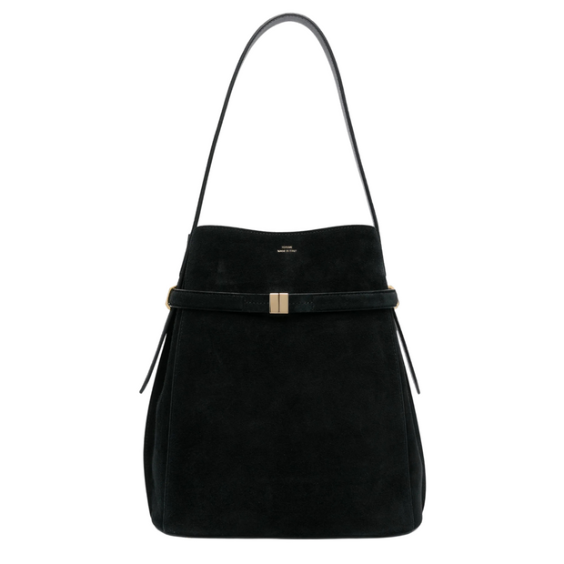 Black Suede Belted Bucket Bag