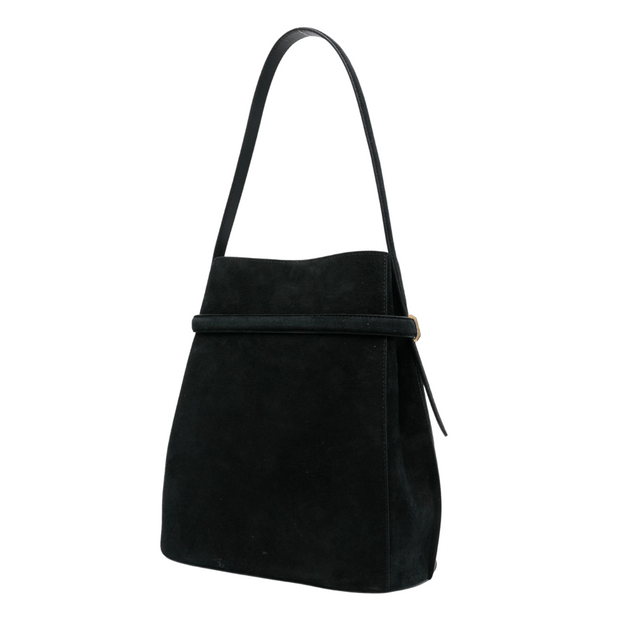 Black Suede Belted Bucket Bag