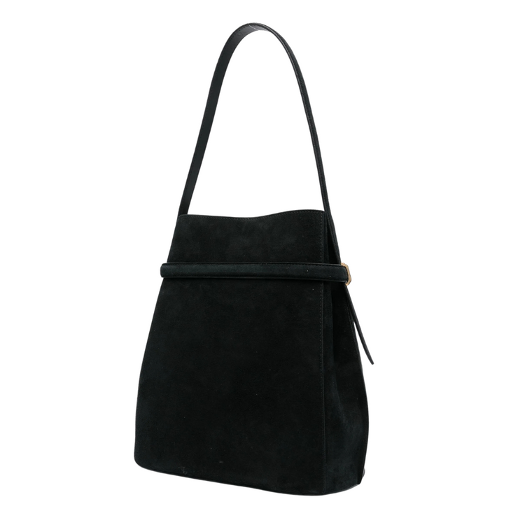 Black Suede Belted Bucket Bag