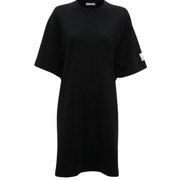 Front view of a cotton Open Back T-shirt Dress, pictured against a white background. The dress features a logo on the sleeve.
