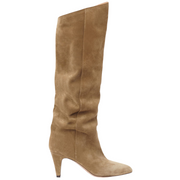 Side view of knee-high taupe boots with a slouchy style. The boots have a low heel, a round toe, and are pictured from sole to top against a white background.