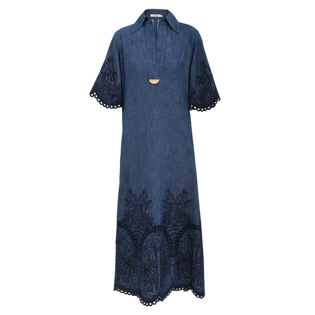 Denim Embroidered Maxi Dress
