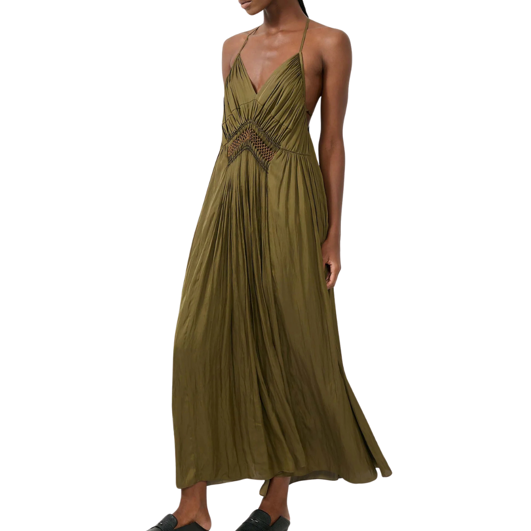 plisse maxi dress ASOS Design High Neck Long Sleeve Wrap Waist in khaki-Green Low Iron If Needed Clemence Plisse Maxi Dress /