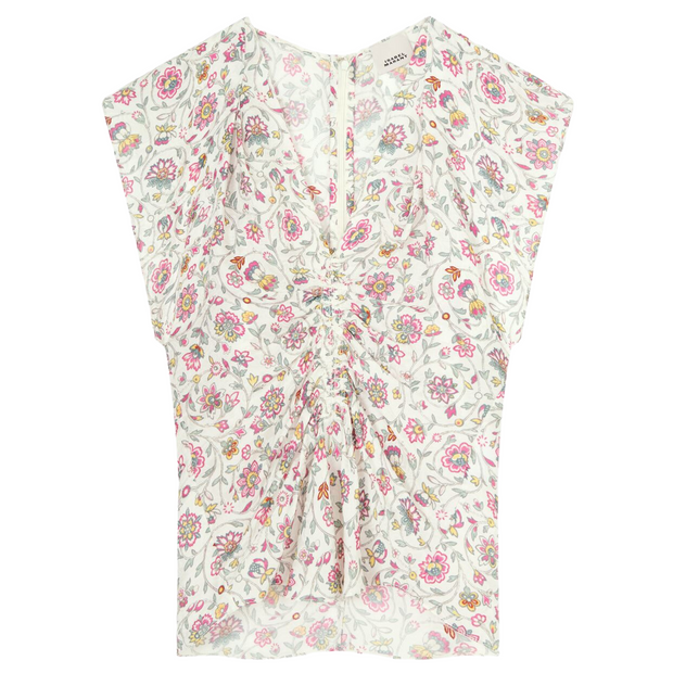 Front view of a sleeveless ecru top with pink flowers, pictured against a white background. The top has a V-neck style with ruching down the front.
