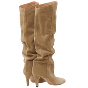 Back view of knee-high taupe boots with a slouchy style. The boots feature a low heel, a round toe, and are shown from sole to top against a white background.