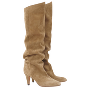 Side view of knee-high taupe boots with a slouchy style. The boots have a low heel, a round toe, and are pictured from sole to top against a white background.