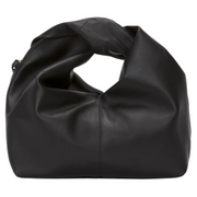 A luxurious black leather hobo bag with a twisted handle and a detachable crossbody strap, displayed against a clean white background. The bag exudes elegance and sophistication with its supple leather construction and modern design, making it a versatile accessory for any occasion.