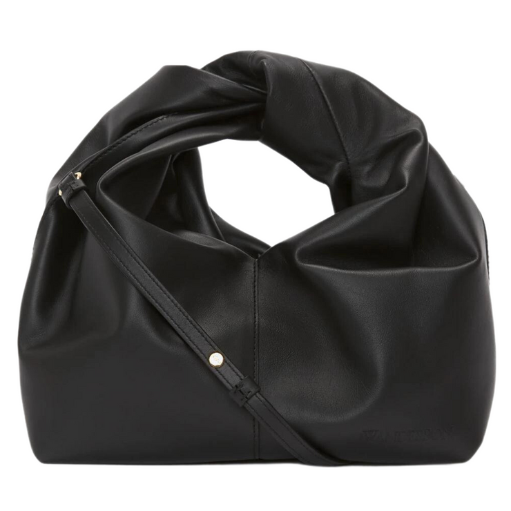 A black leather hobo bag featuring a twisted handle and a detachable crossbody strap, showcased against a pristine white background. The bag's exquisite craftsmanship is evident, with its sleek design and supple leather material. The crossbody strap adds functionality, allowing for hands-free wear. A chic and versatile accessory for any occasion.