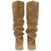 Front view of slouchy taupe boots with a rounded toe. The boots are pictured against a white background, showing them from top to bottom