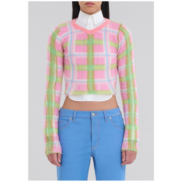 PINK AND GREEN CHECKED BRUSHED MOHAIR JUMPER
