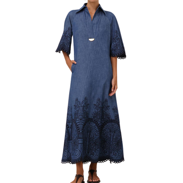 Denim Embroidered Maxi Dress