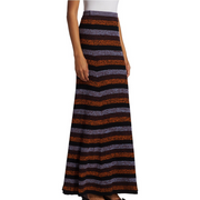 Striped midi skirt modeled on white background.