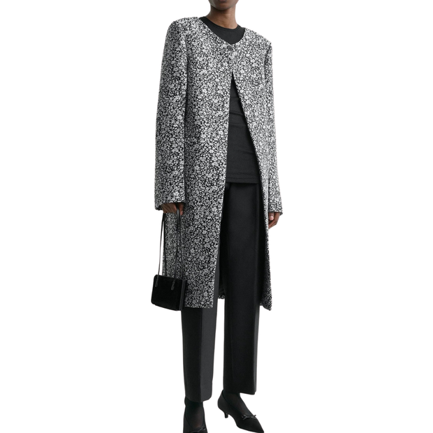 Collarless Black & White Floral Coat