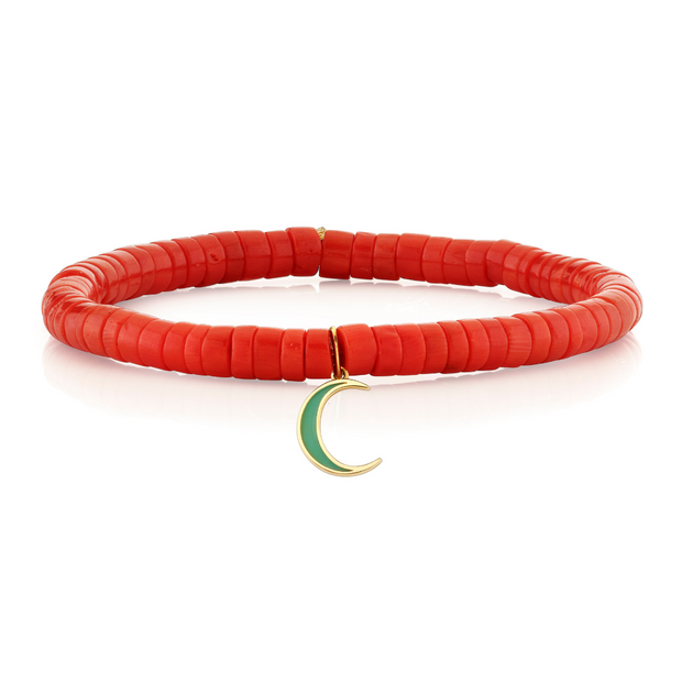 Coral Heishi & Enamel Moon Beaded Bracelet