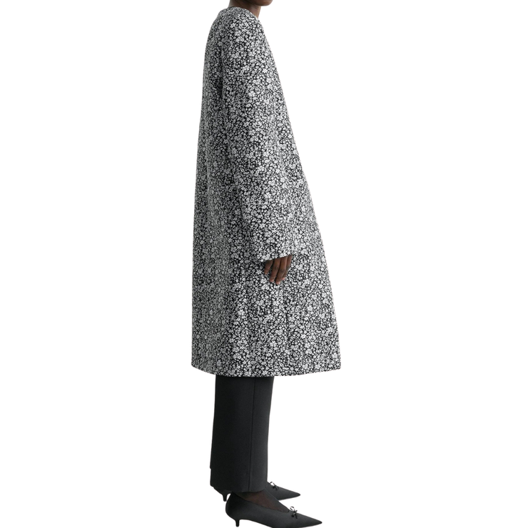 Collarless Black & White Floral Coat