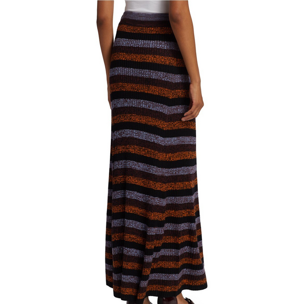 back view of striped midi skirt on white background.