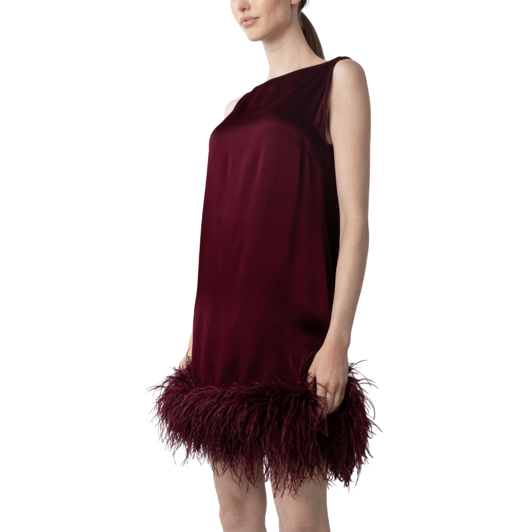 LAPOINTE Satin Sleeveless Mini Dress With Feathers | Crimson / XS