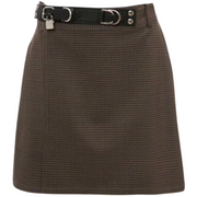 Image: A brown mini skirt with a grid pattern and a leather belt, displayed against a white background.