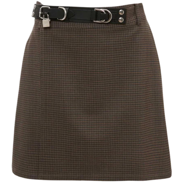 Image: A brown mini skirt with a grid pattern and a leather belt, displayed against a white background.