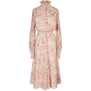 Front view of printed cotton dress with long sleeves. The dress features a ruffled high neck with buttons and a pink and orange pattern. It is cinched at the waist. The dress is shown against a white background.