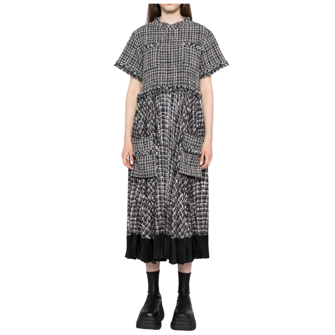 [SACAI]アシンメトリー ウールクレープとシフォンのミディドレス SACAI Layered ribbed wool and mohair-blend maxi dress | NET