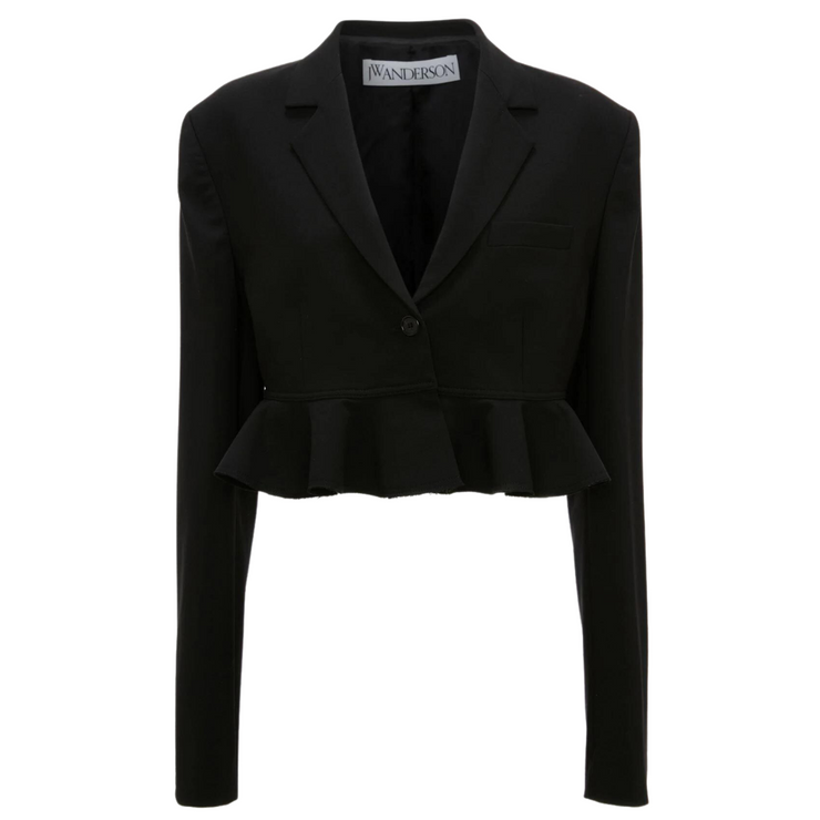 Image: A cropped black blazer with a ruffle hem, displayed against a clean white background. The blazer is made from wool and features a modern and playful design. The cropped length adds a trendy touch, while the ruffle detail provides a feminine and stylish accent. A versatile and chic piece for various occasions.