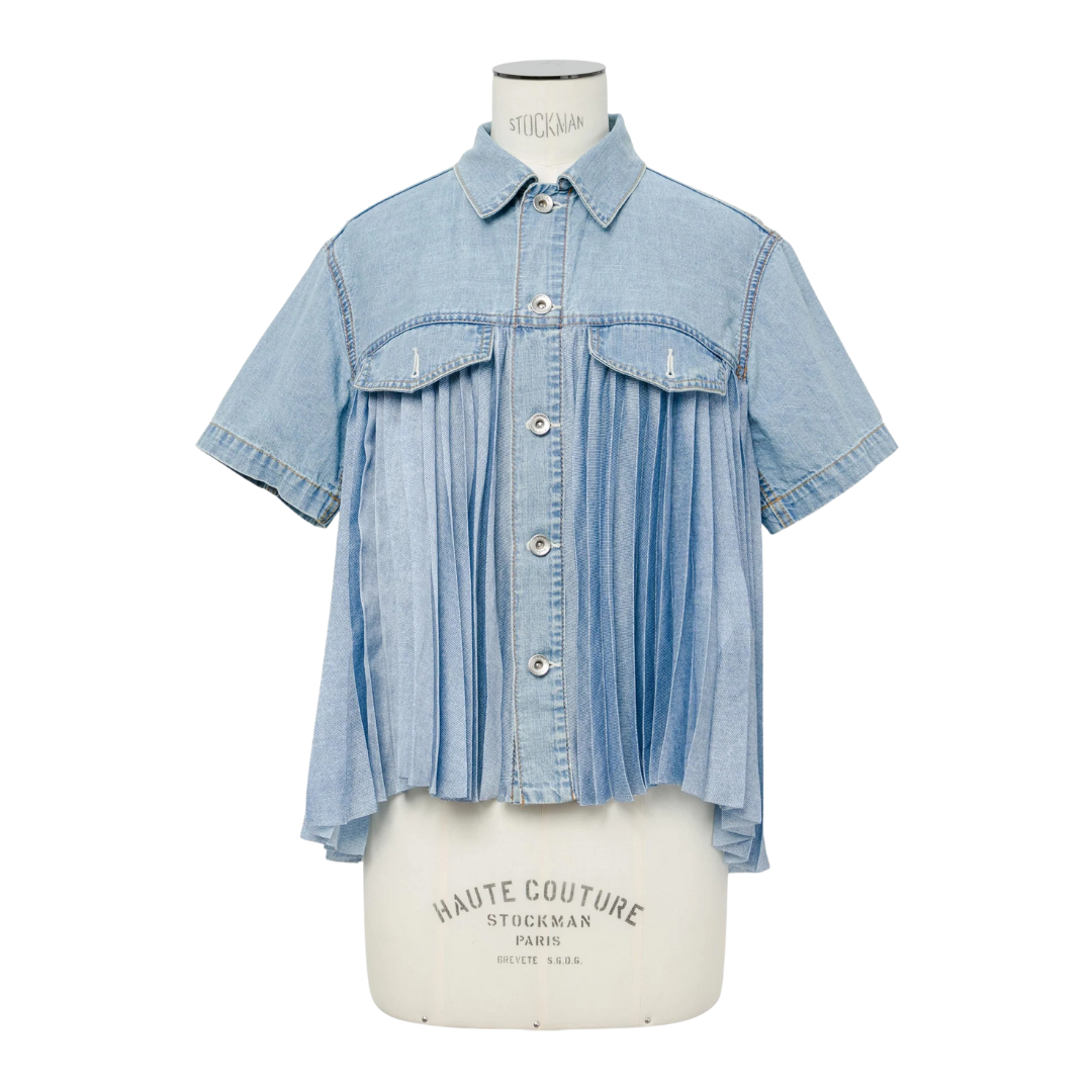 Cotton Denim Sacai Denim Shirt Sacai Pleated Denim Women Shirt Blue