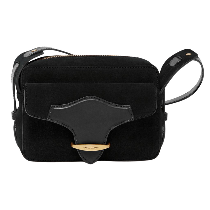 Front view of a black suede camera bag with a smooth leather strap and a gold closure. The bag is pictured against a white background, with the strap lying behind.